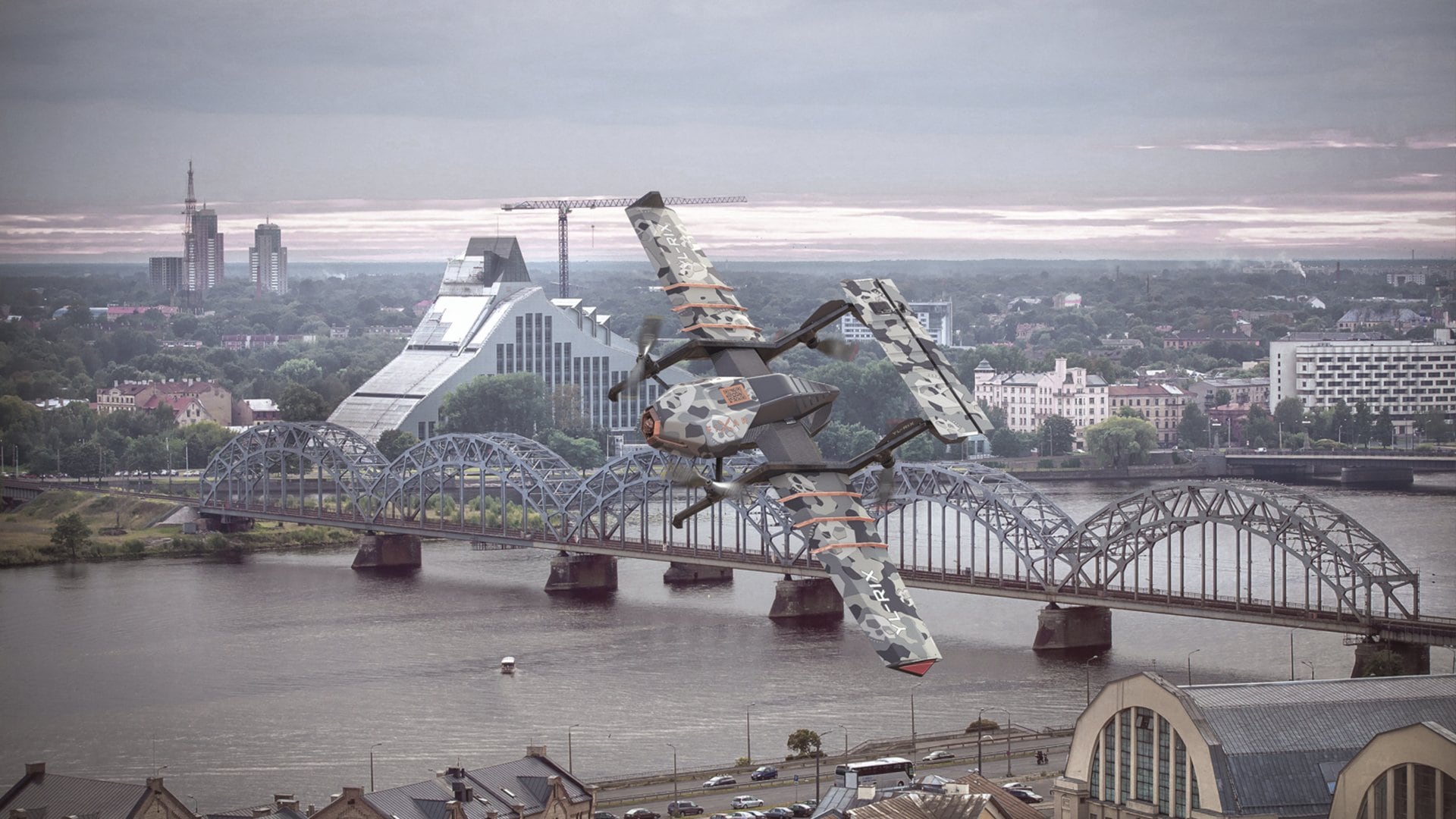 DARTZ PromDrone Black Bee over Riga’s railway bridge and National Library