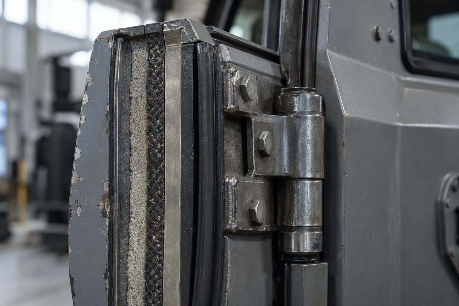 The thick layered edge and heavy hinge of an armoured door, close-up