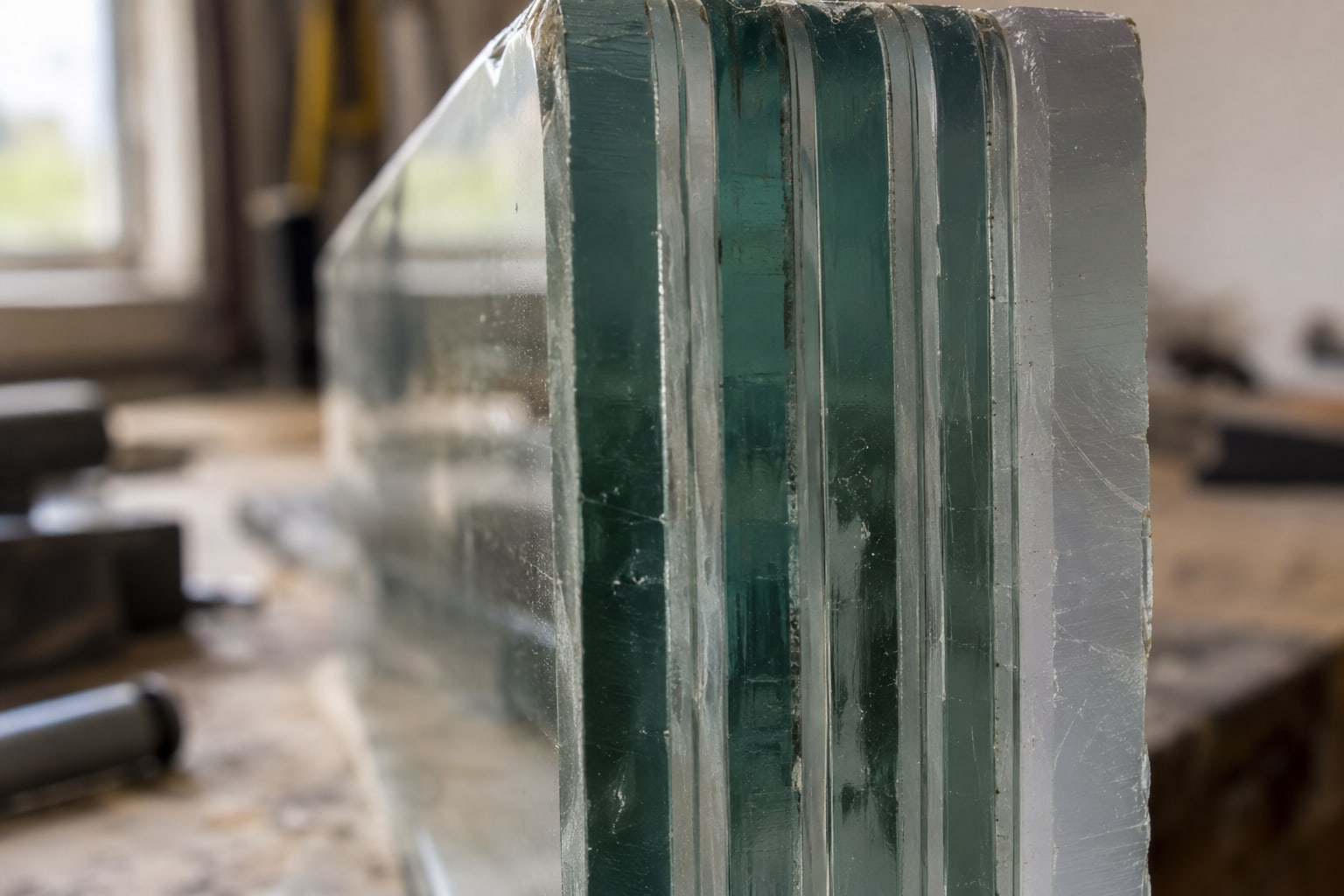 Extreme close-up of the polished edge of thick bullet-resistant glass, showing its laminated layers