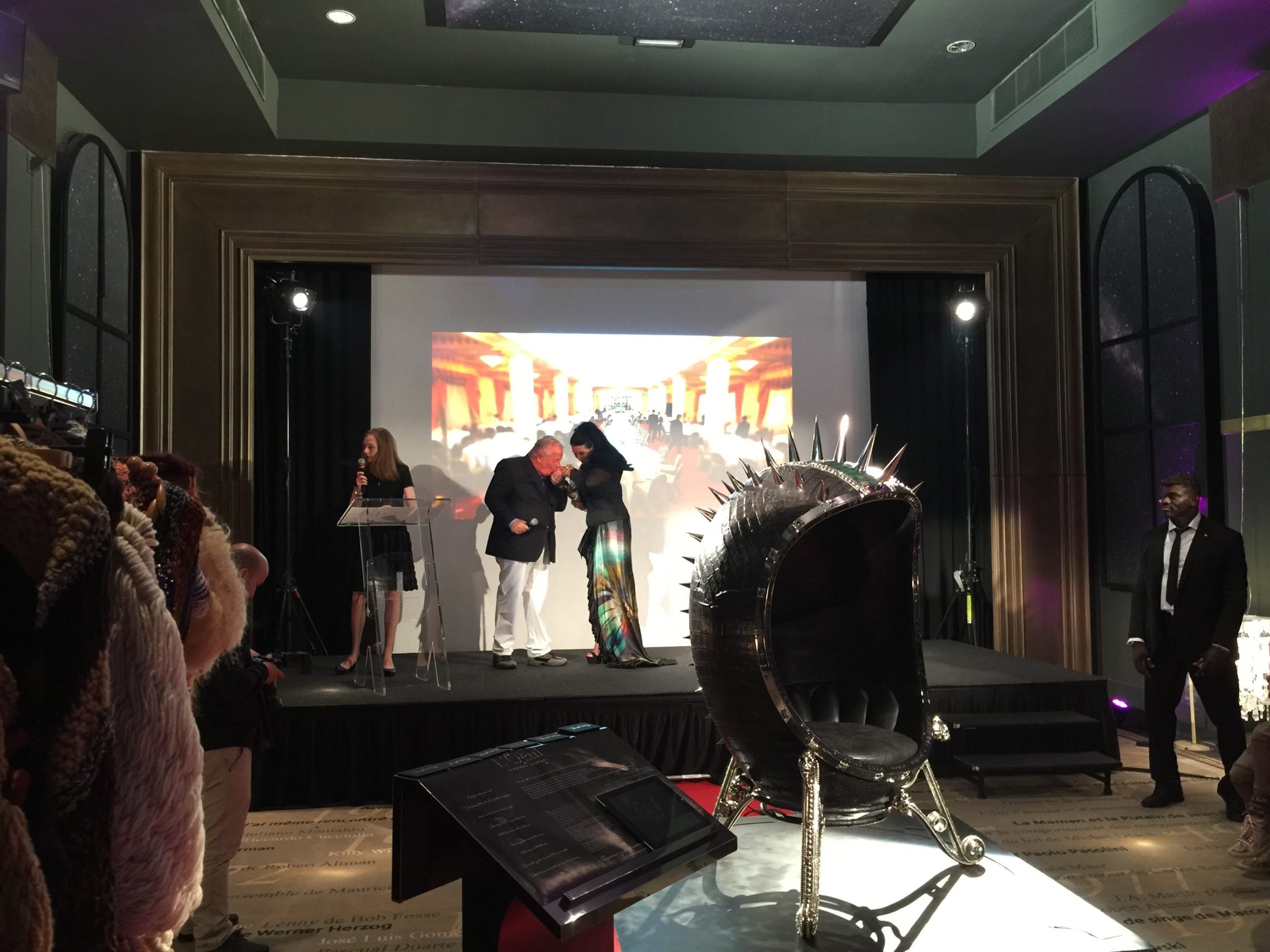 Auction stage with a spiked sculpture throne at the Cannes Film Festival Auction 2015, Hôtel Barrière Le Majestic