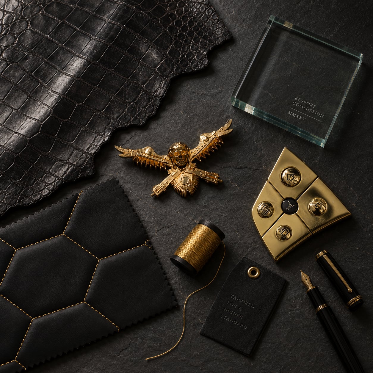 Commission materials: crocodile, quilted nappa, gold eagle, ballistic glass