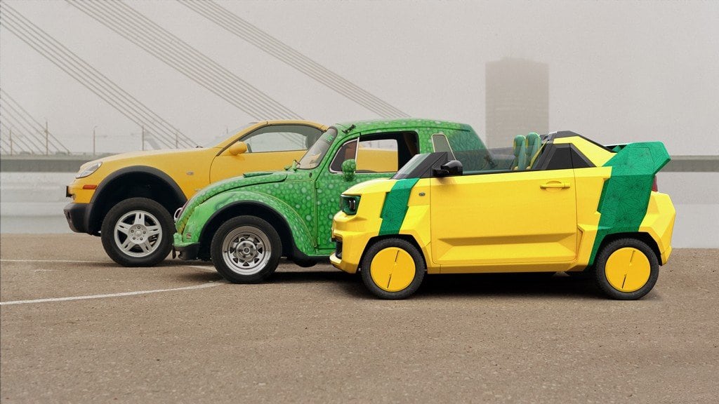 FreZe EV roadsters in yellow and green lined up on the Riga embankment