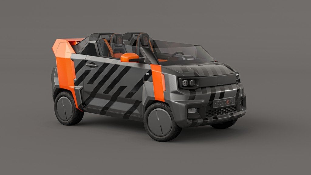 FreZe EV roadster in grey and orange camouflage, front three-quarter view