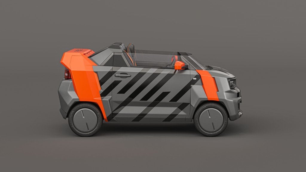FreZe EV roadster in grey and orange camouflage, side view