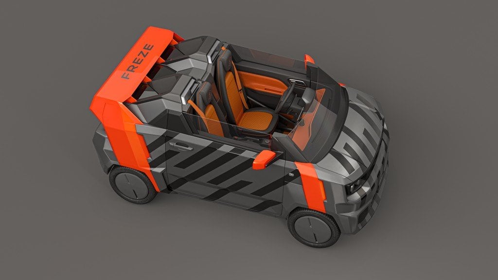 FreZe EV roadster from high behind, showing its orange four-seat cabin