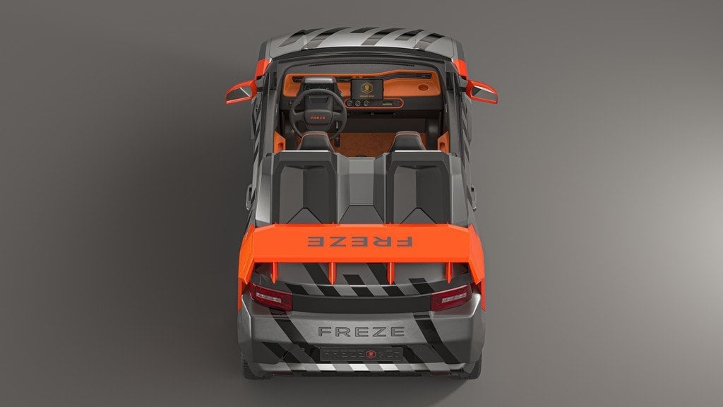 FreZe EV roadster top-down, front first, orange seats