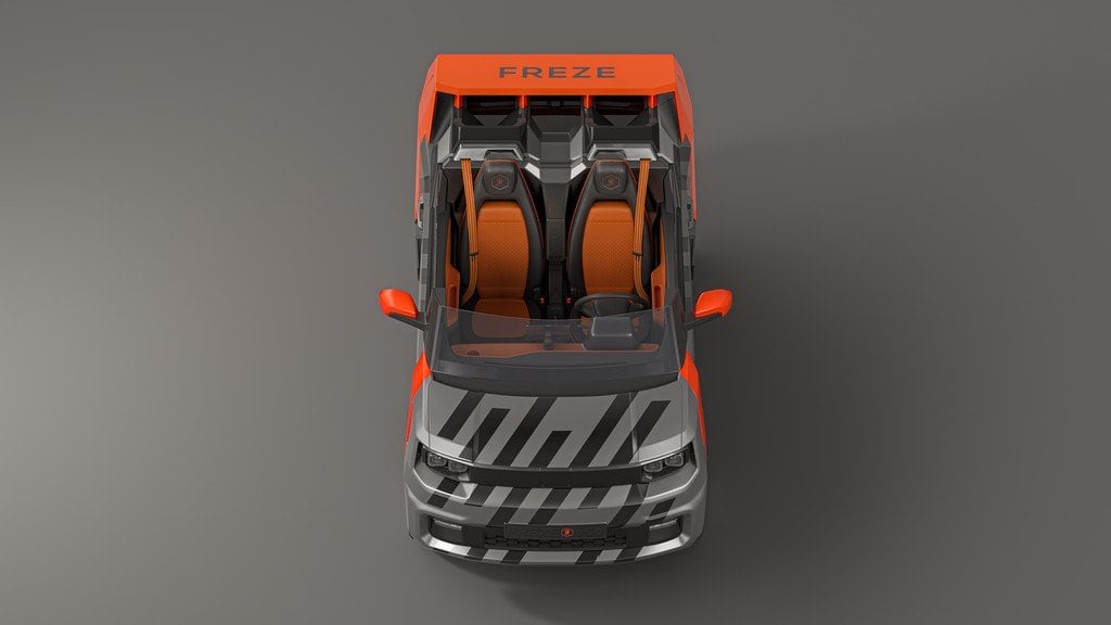 FreZe EV roadster top-down, rear first, grey and orange livery
