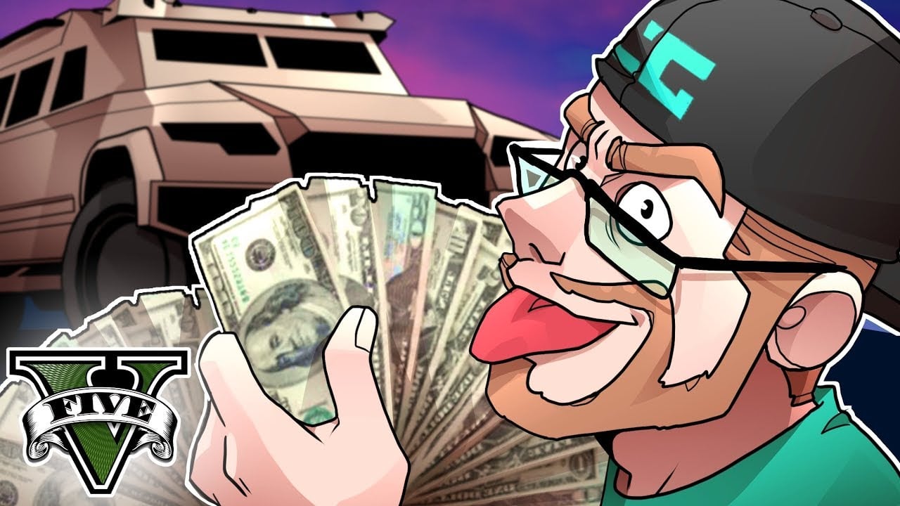 GTA V video thumbnail with an HVY Nightshark and a cartoon fanning cash