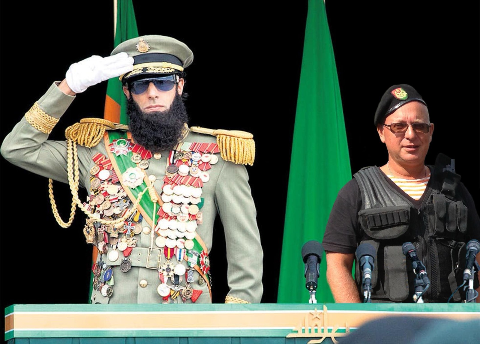 Leonard F. Yankelovich in a black beret beside Sacha Baron Cohen as Admiral General Aladeen, during filming of The Dictator