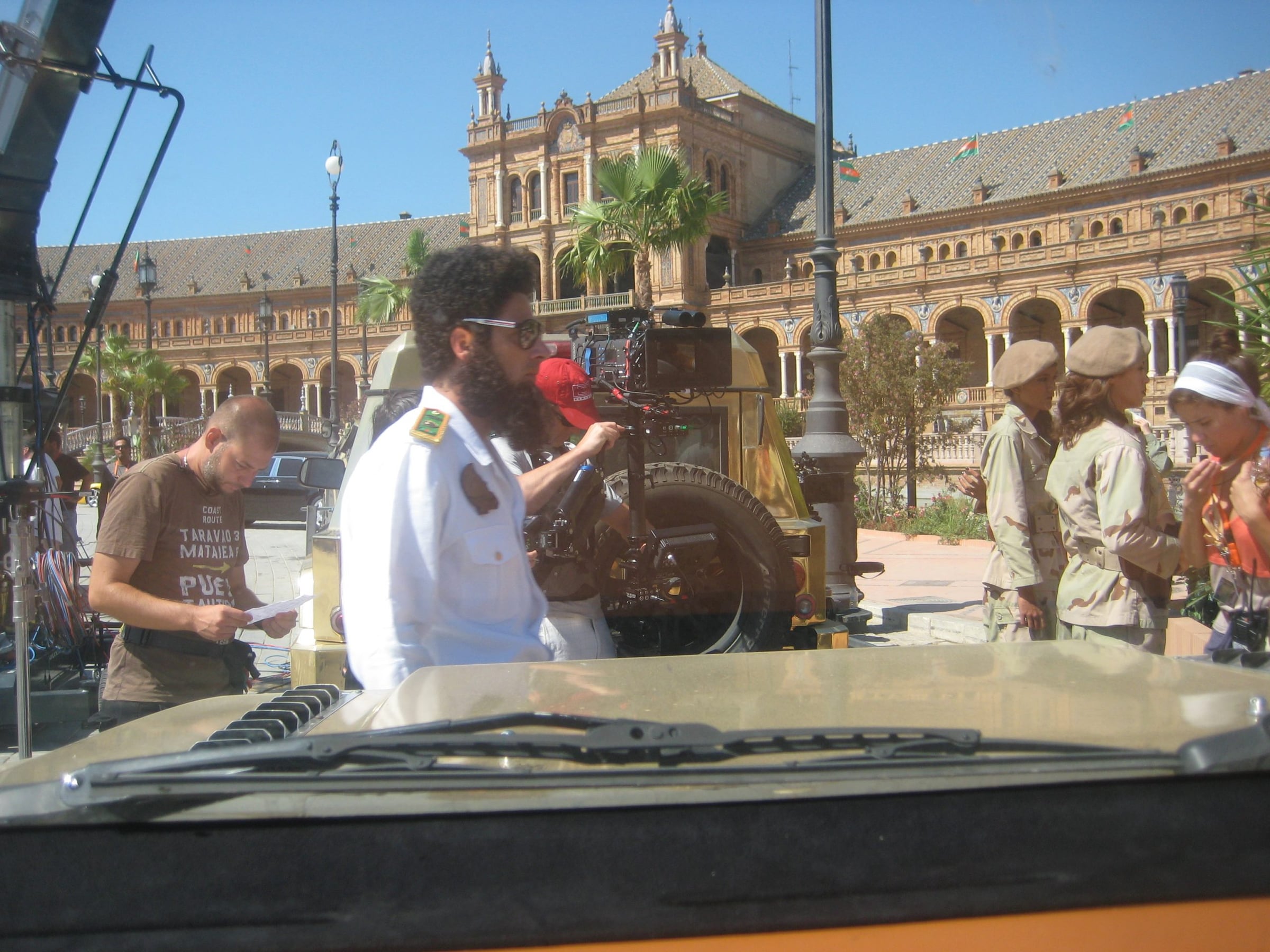 The Dictator cast in costume on set at Plaza de España, Seville