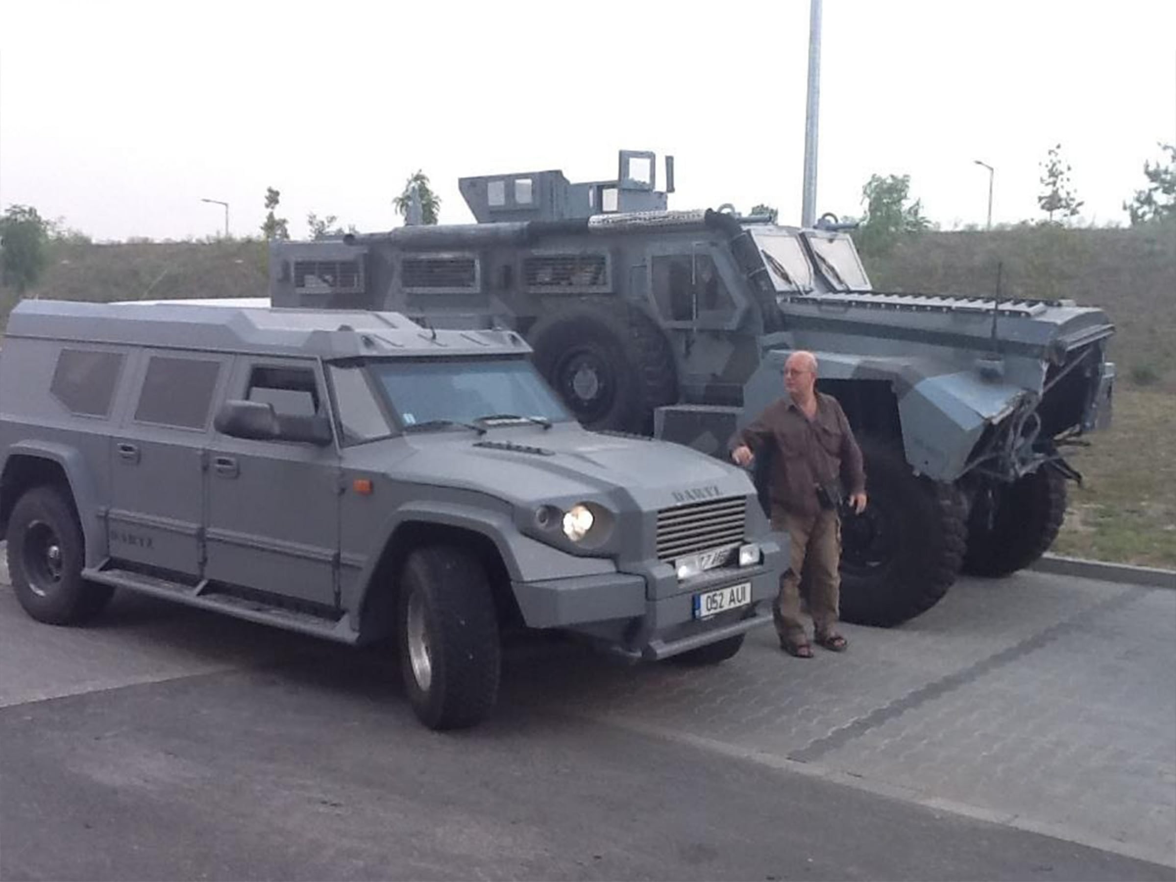 Grey DARTZ Prombron’ beside the MRAP stunt truck from A Good Day to Die Hard