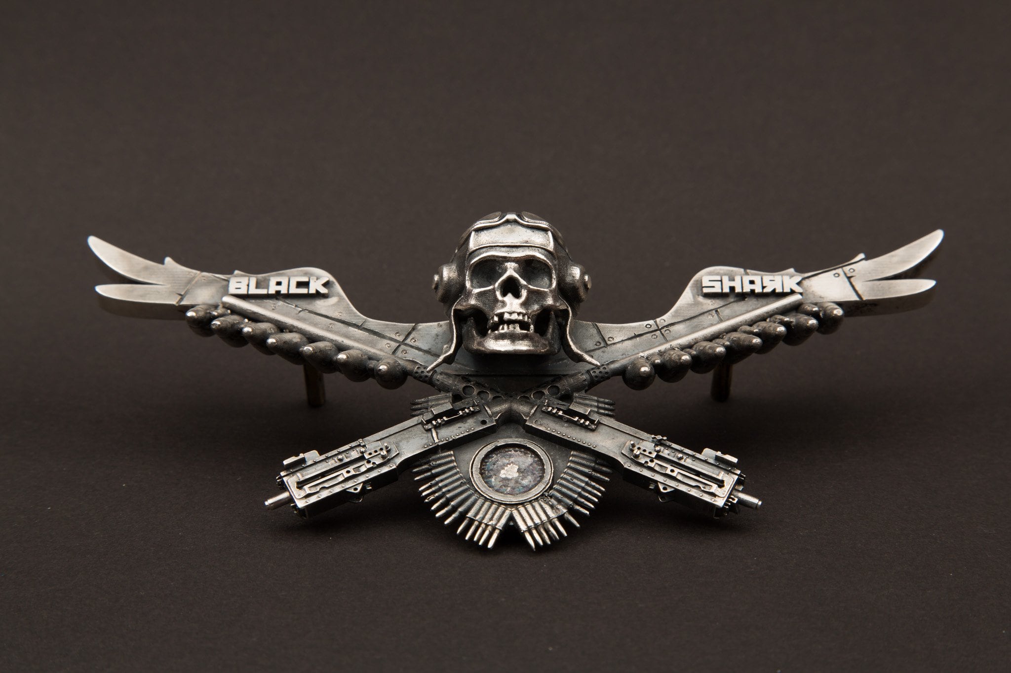 Silver Black Shark skull-and-wings bonnet mascot