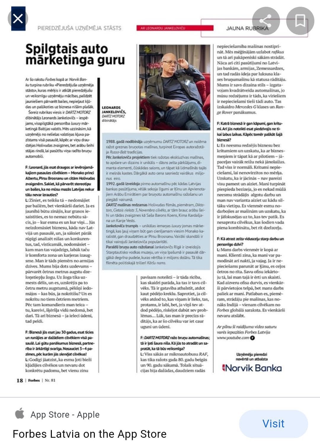 Forbes Latvia feature on DARTZ, “the flamboyant car-marketing guru”