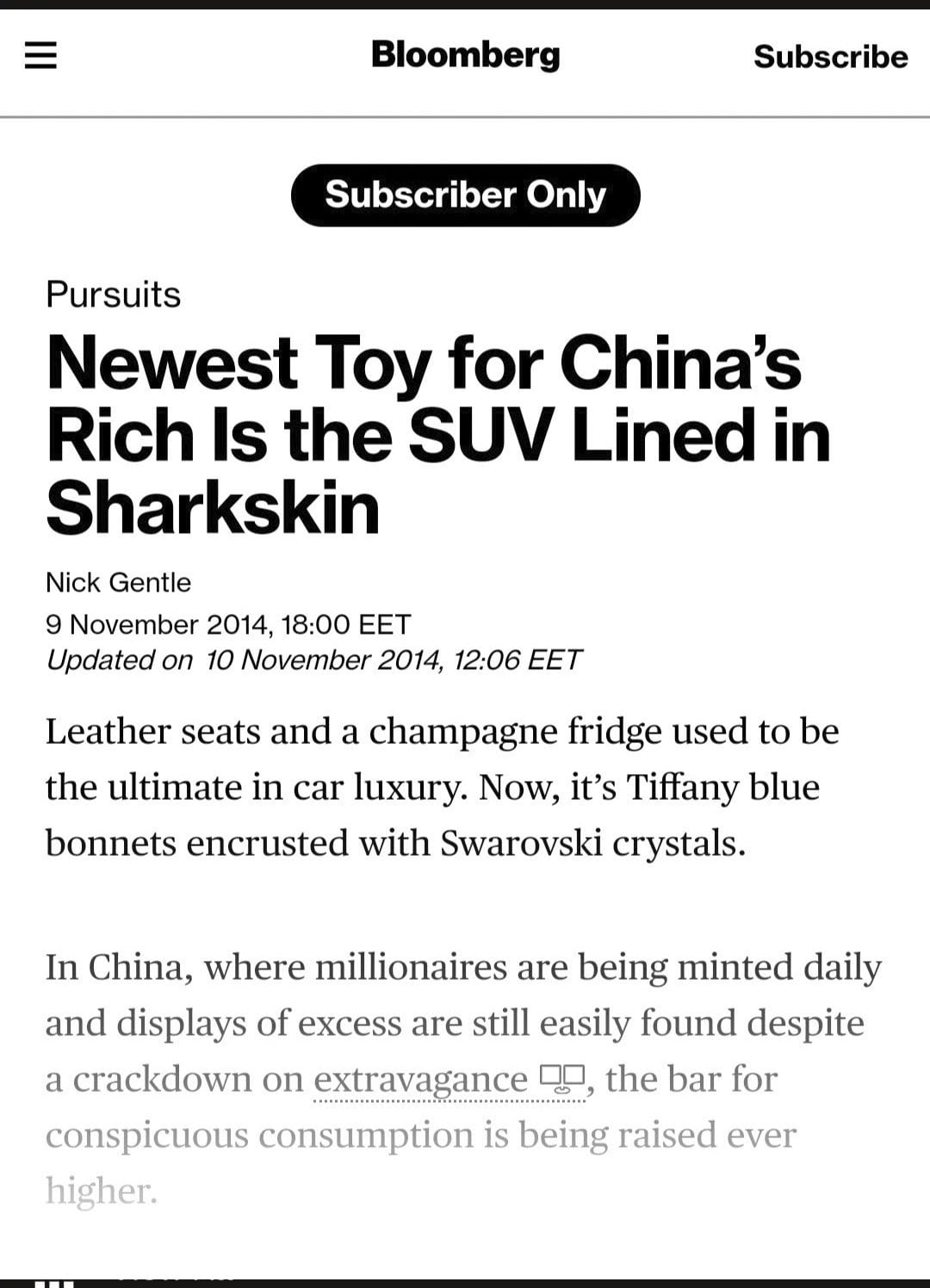 Bloomberg article on the sharkskin-lined DARTZ SUV for China’s rich