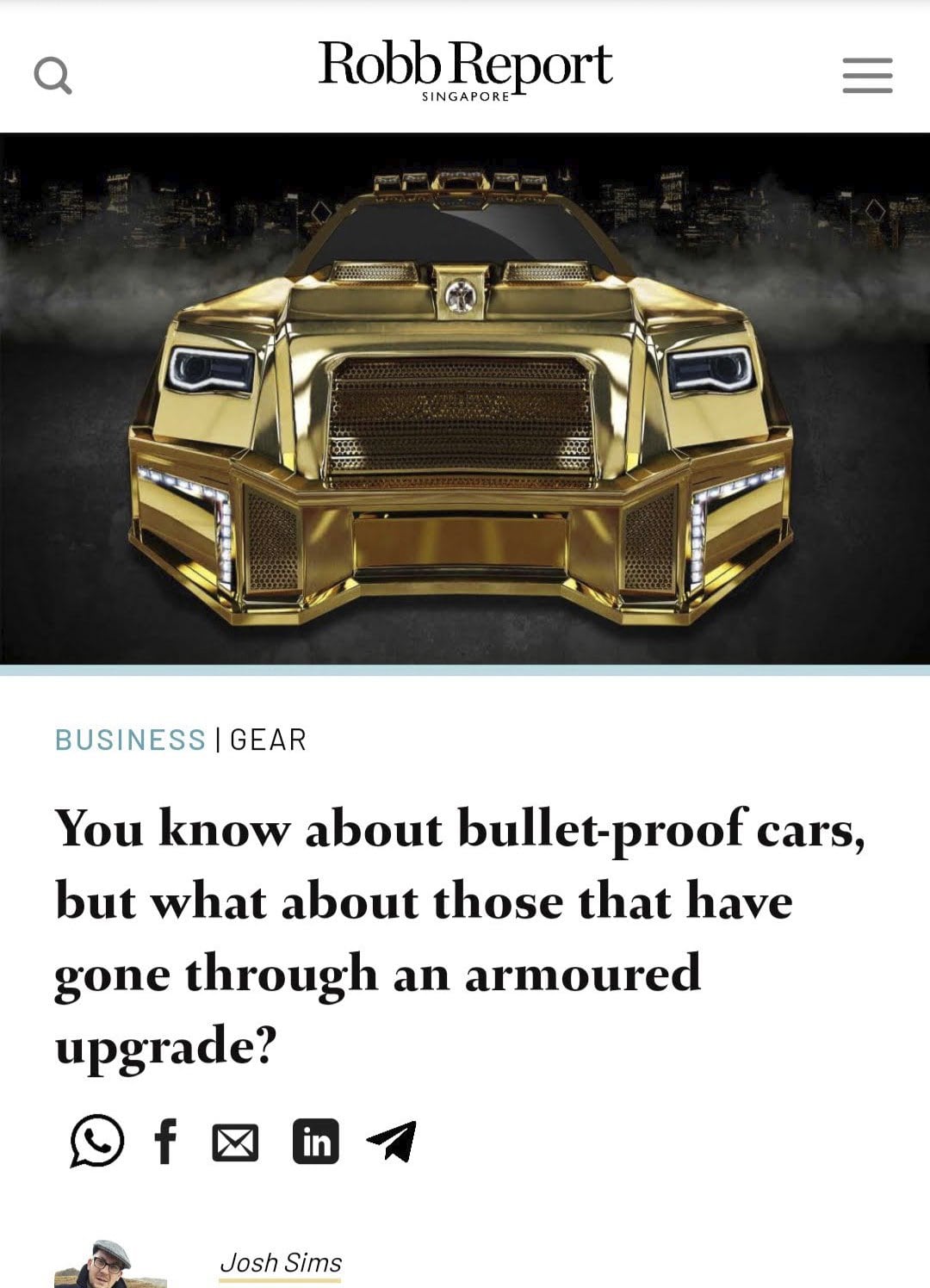 Robb Report article on armoured upgrades, with a gold DARTZ Prombron’