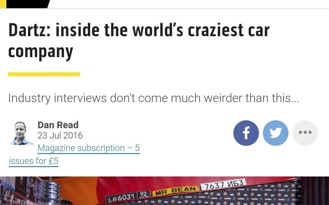 Top Gear feature “Dartz: inside the world’s craziest car company”, 2016