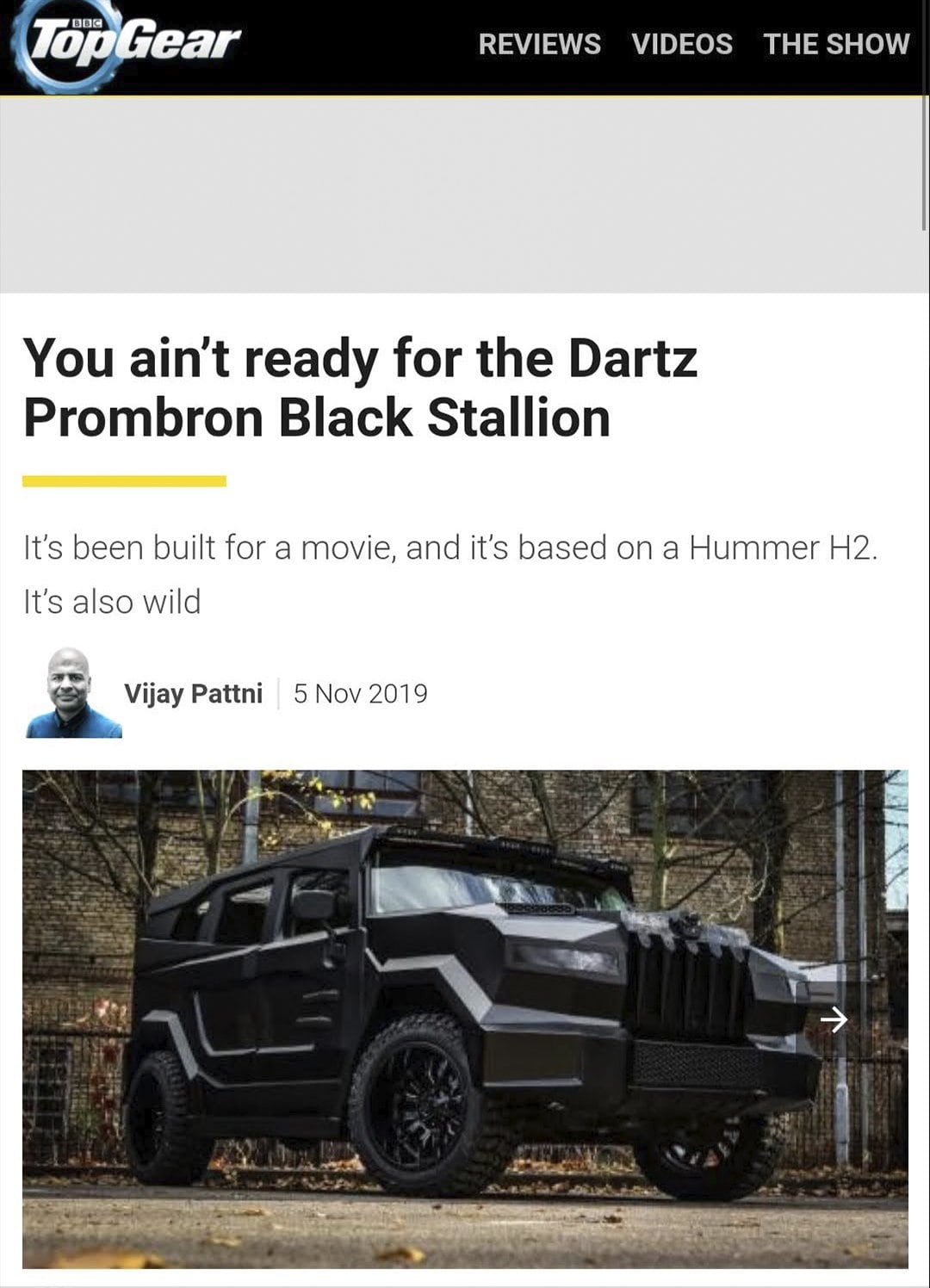 Top Gear article on the DARTZ Prombron’ Black Stallion, 2019