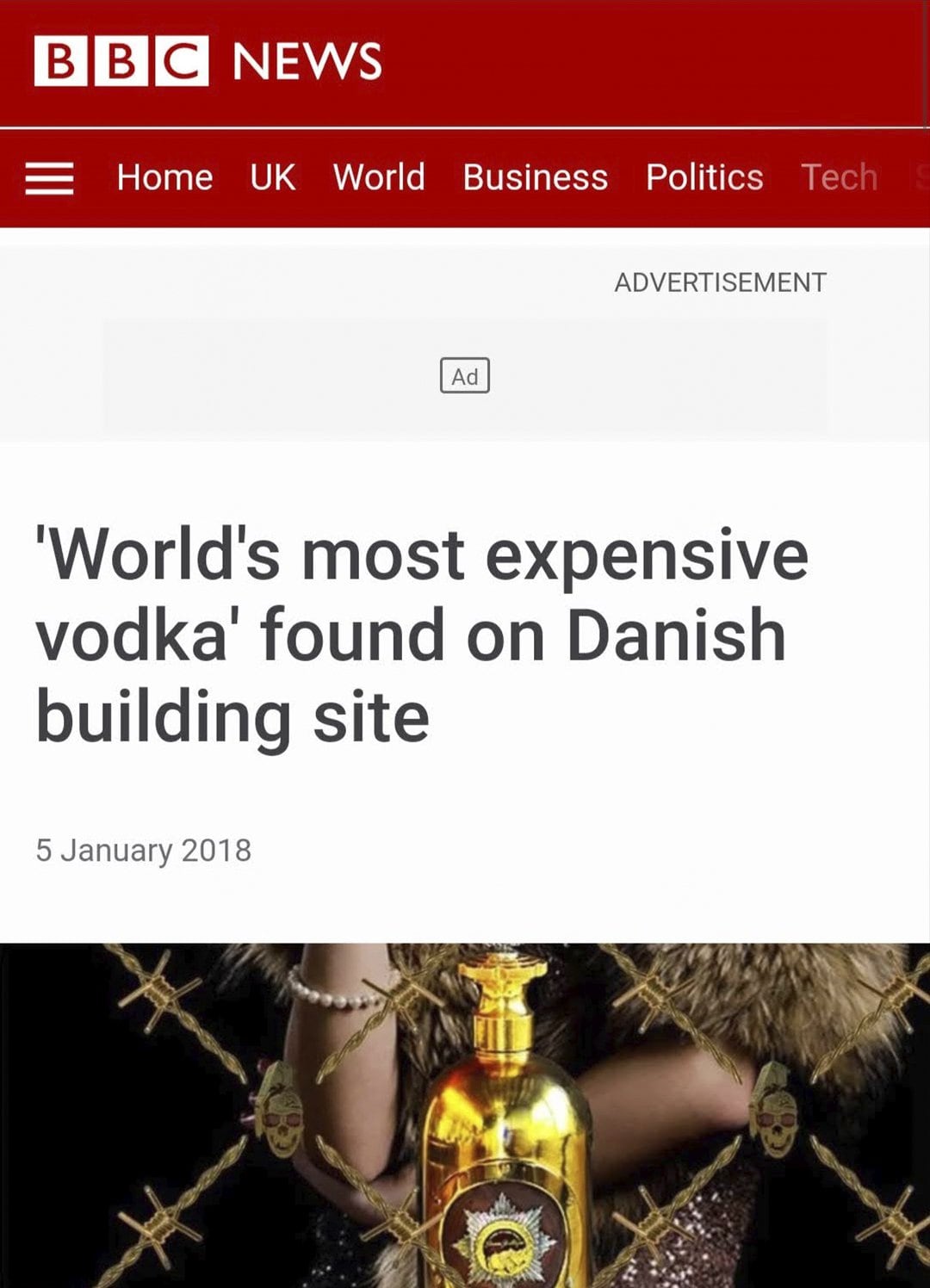 BBC News: world’s most expensive vodka found on a Danish building site, 2018