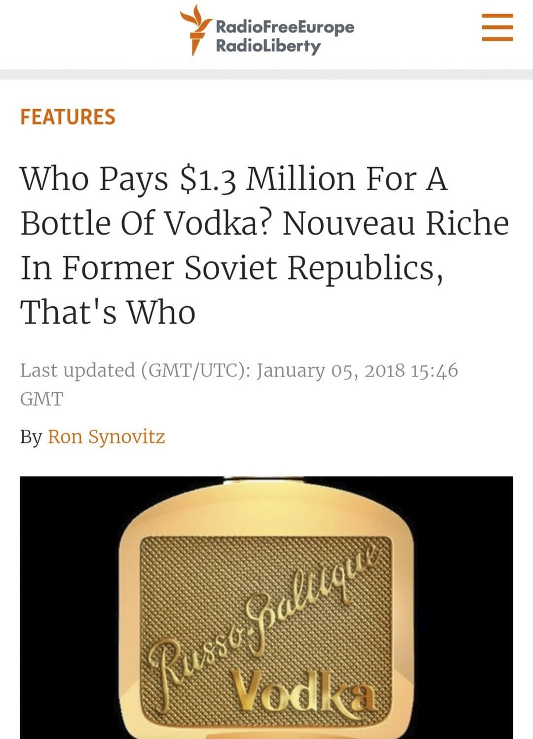 Radio Free Europe feature on the $1.3 million RussoBaltique vodka