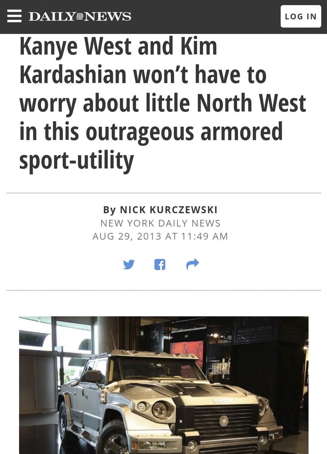 New York Daily News article on the armoured DARTZ for Kanye West and Kim Kardashian