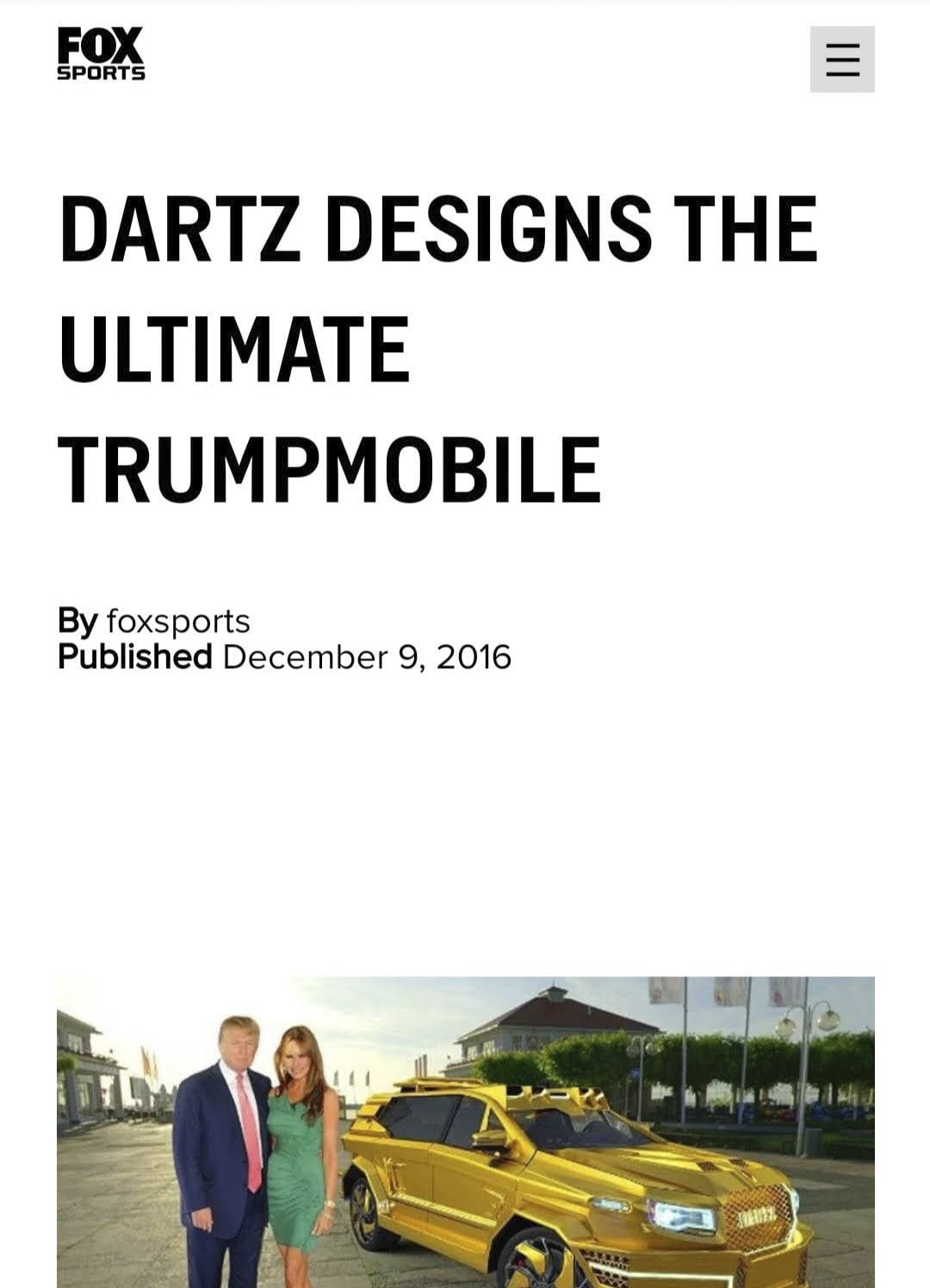 Fox News article on a gold DARTZ Prombron’, December 2016