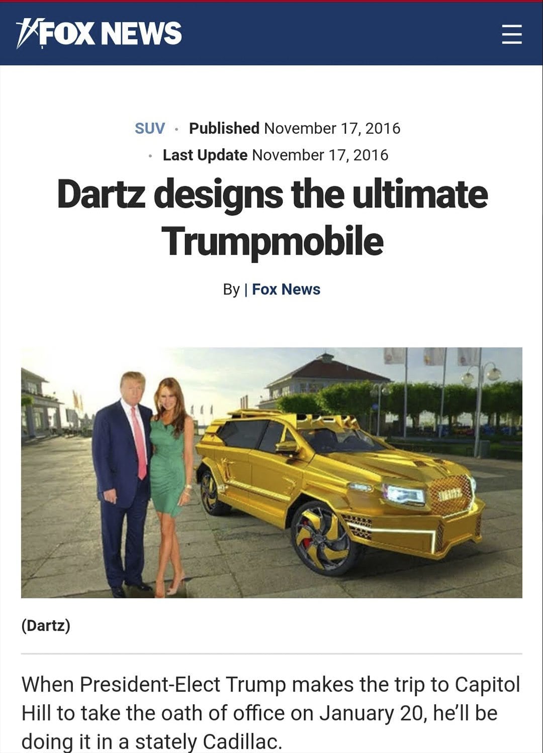 Fox News article on a gold DARTZ Prombron’, November 2016