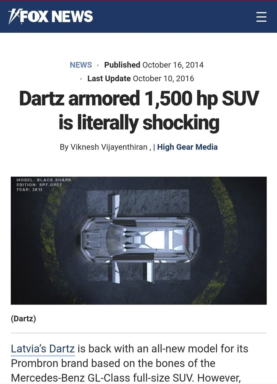 Fox News article on a 1,500 hp armoured DARTZ SUV