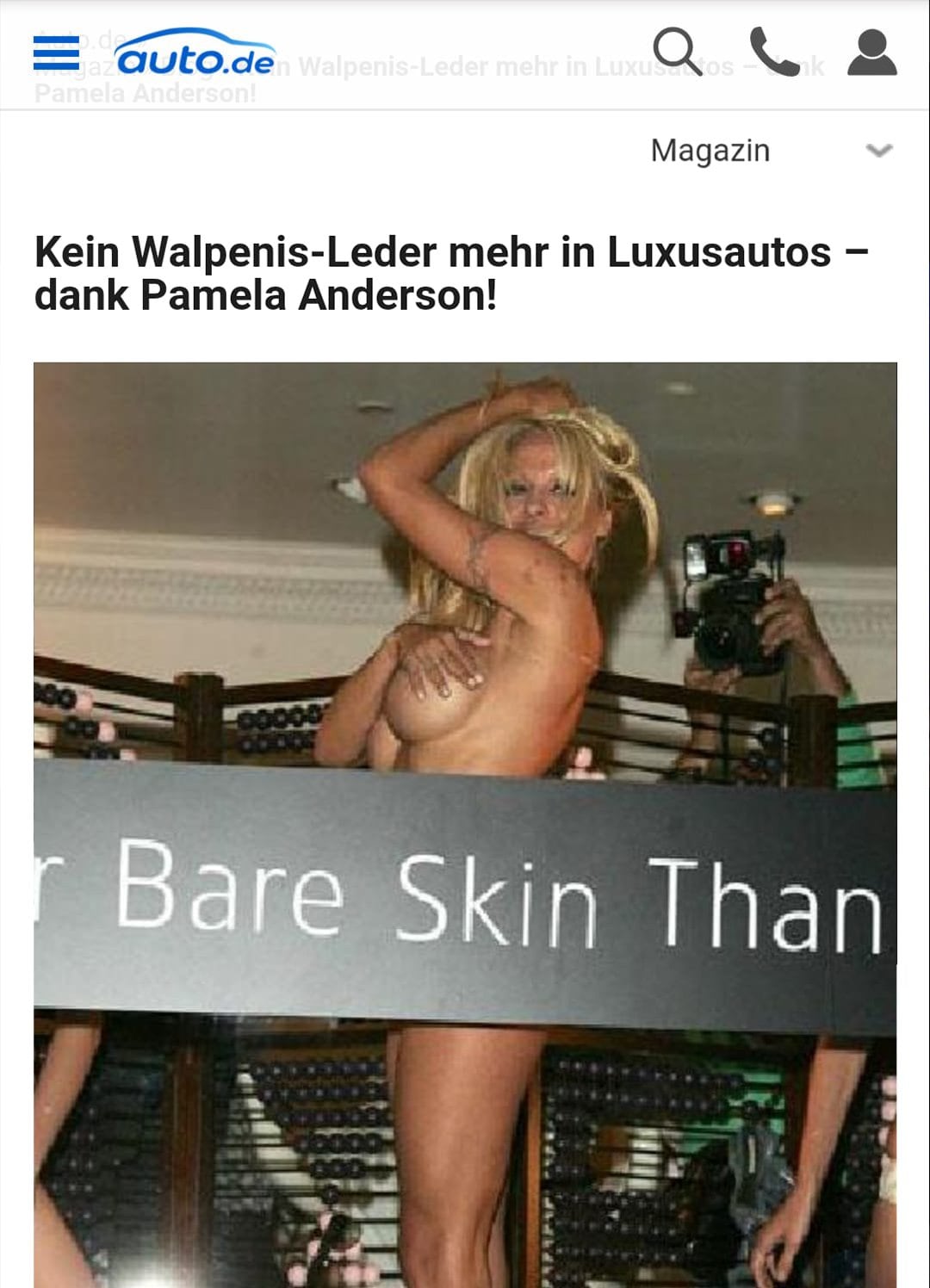 auto.de article on Pamela Anderson and whale-leather car interiors