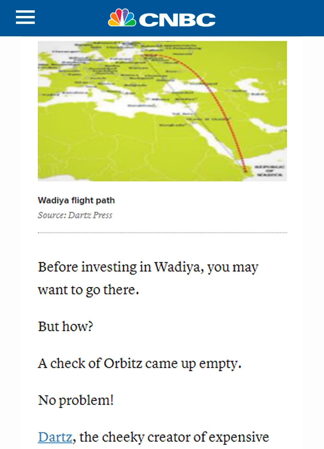 CNBC article with the Wadiya flight-path map