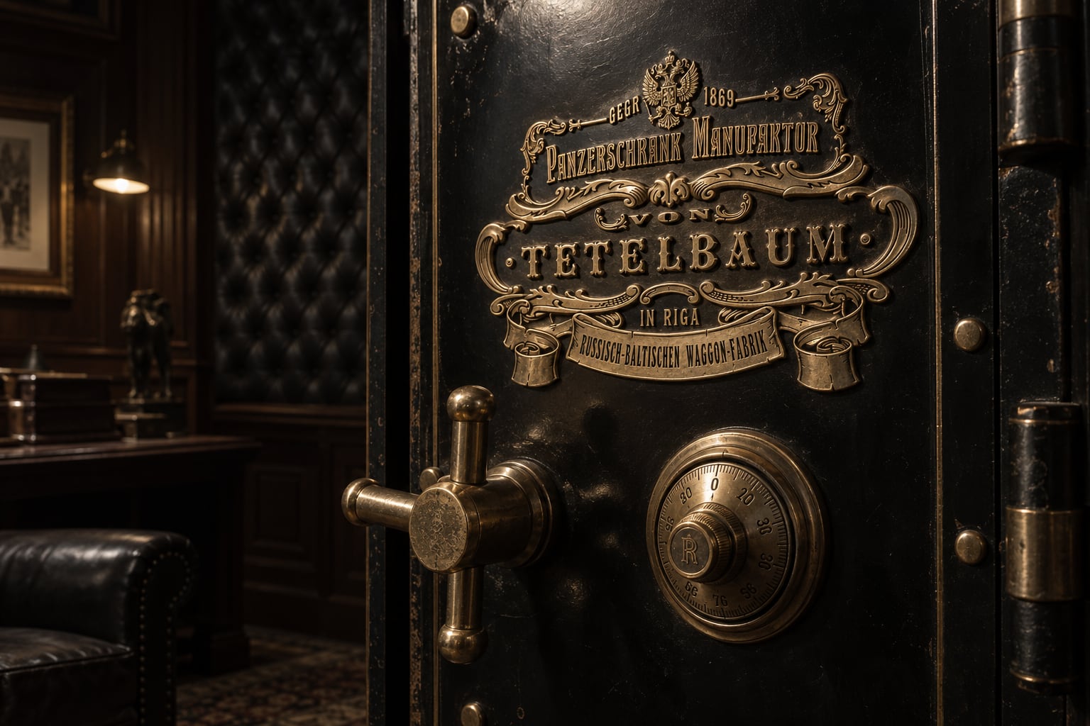 Tetelbaum safe with the cast-brass Riga nameplate