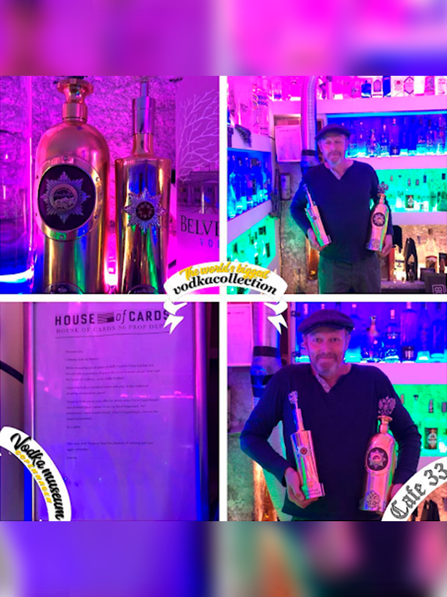 Collage from Café 33 in Copenhagen with the gold DARTZ RussoBaltique bottle