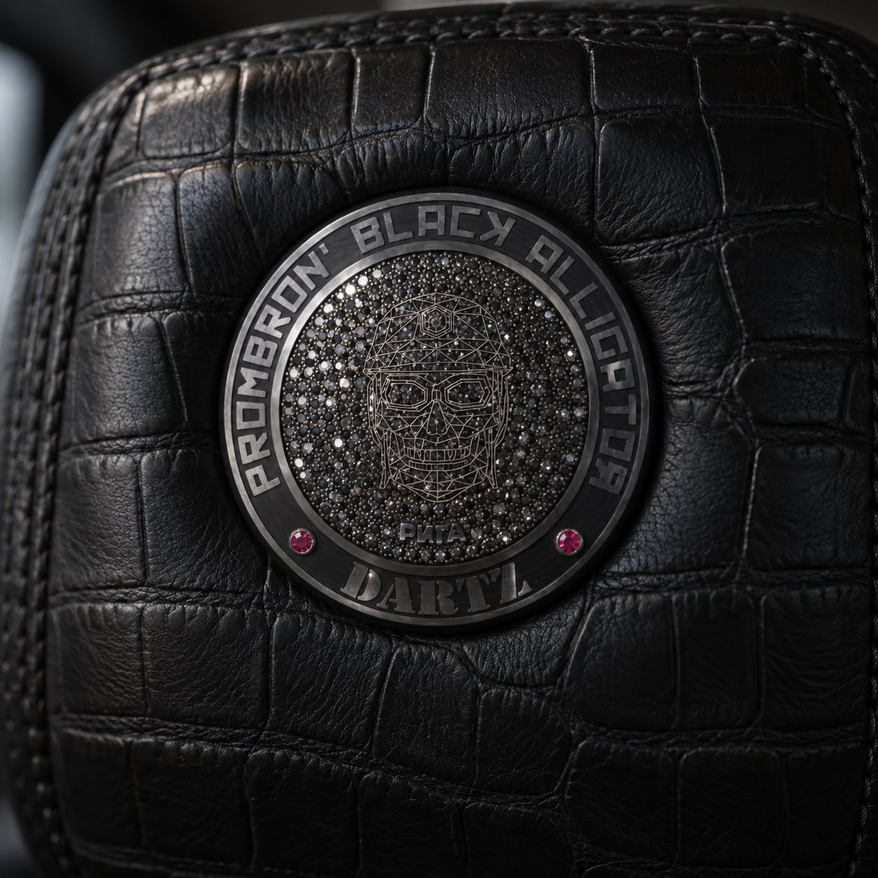 Prombron’ Black Alligator badge: black diamonds, two rubies, in alligator leather