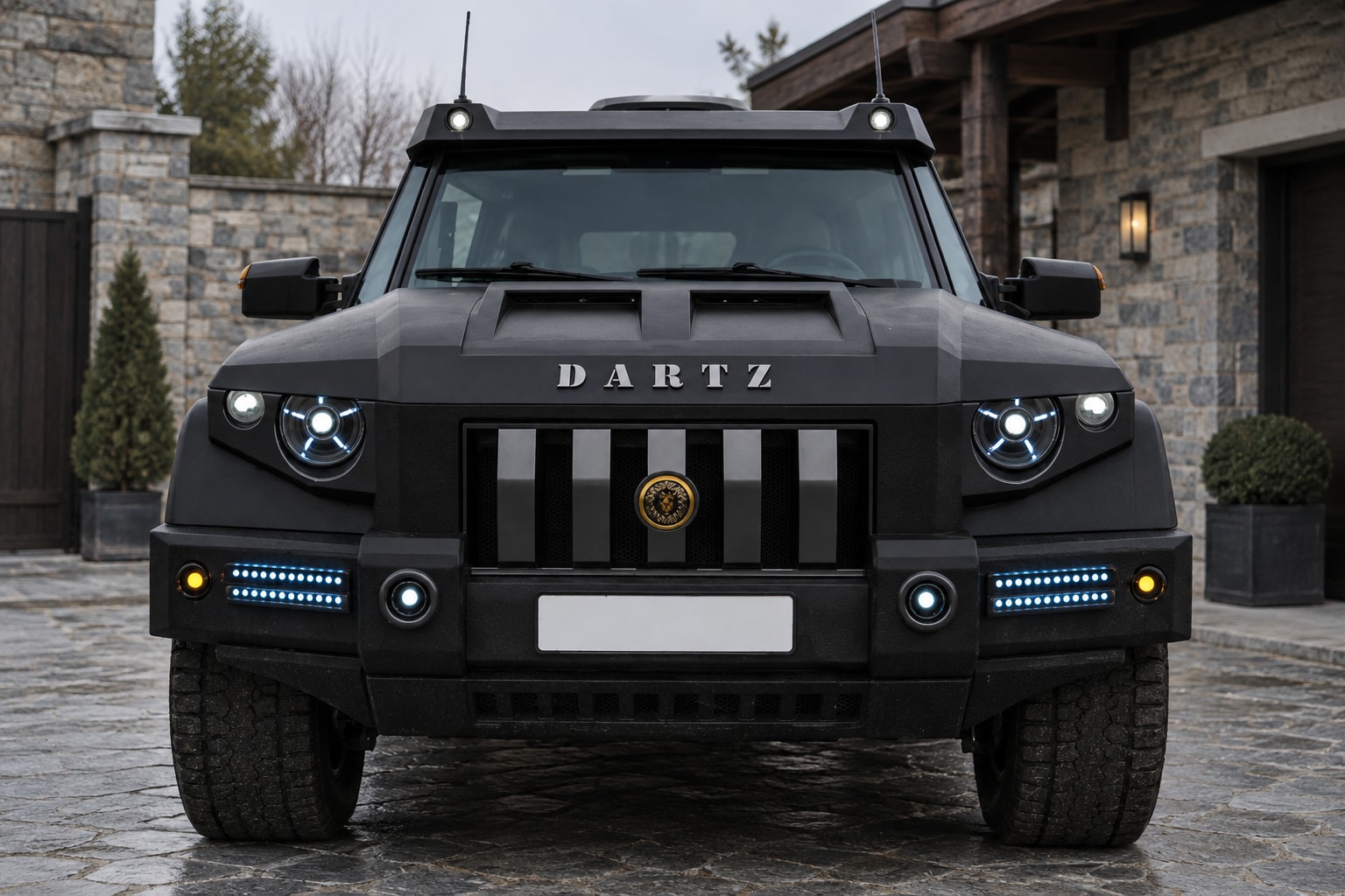 The DARTZ Prombron’ Black Dragon CLV head-on in a stone courtyard, with its vertical grille and blue running lights