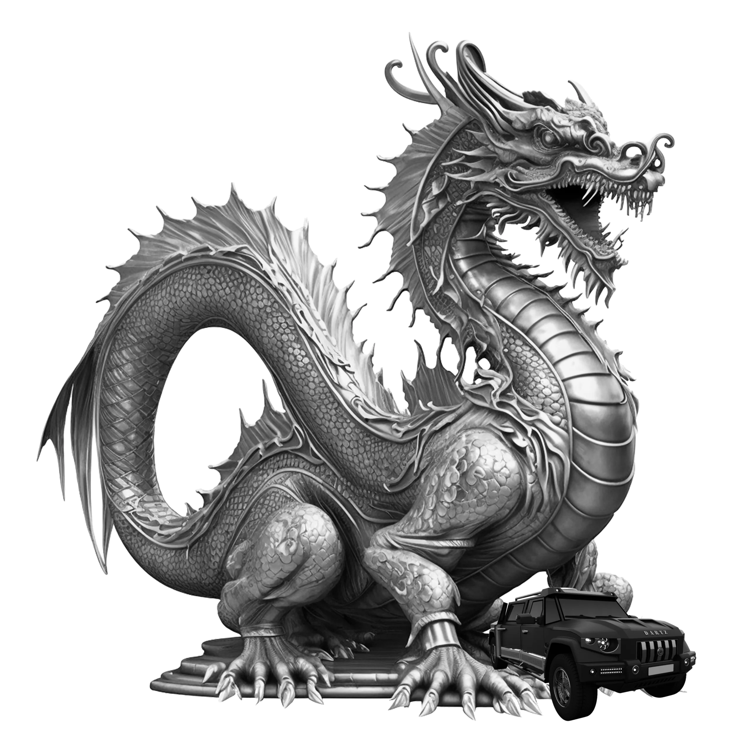 Silver dragon sculpture guarding a miniature DARTZ Prombron’ Black Dragon