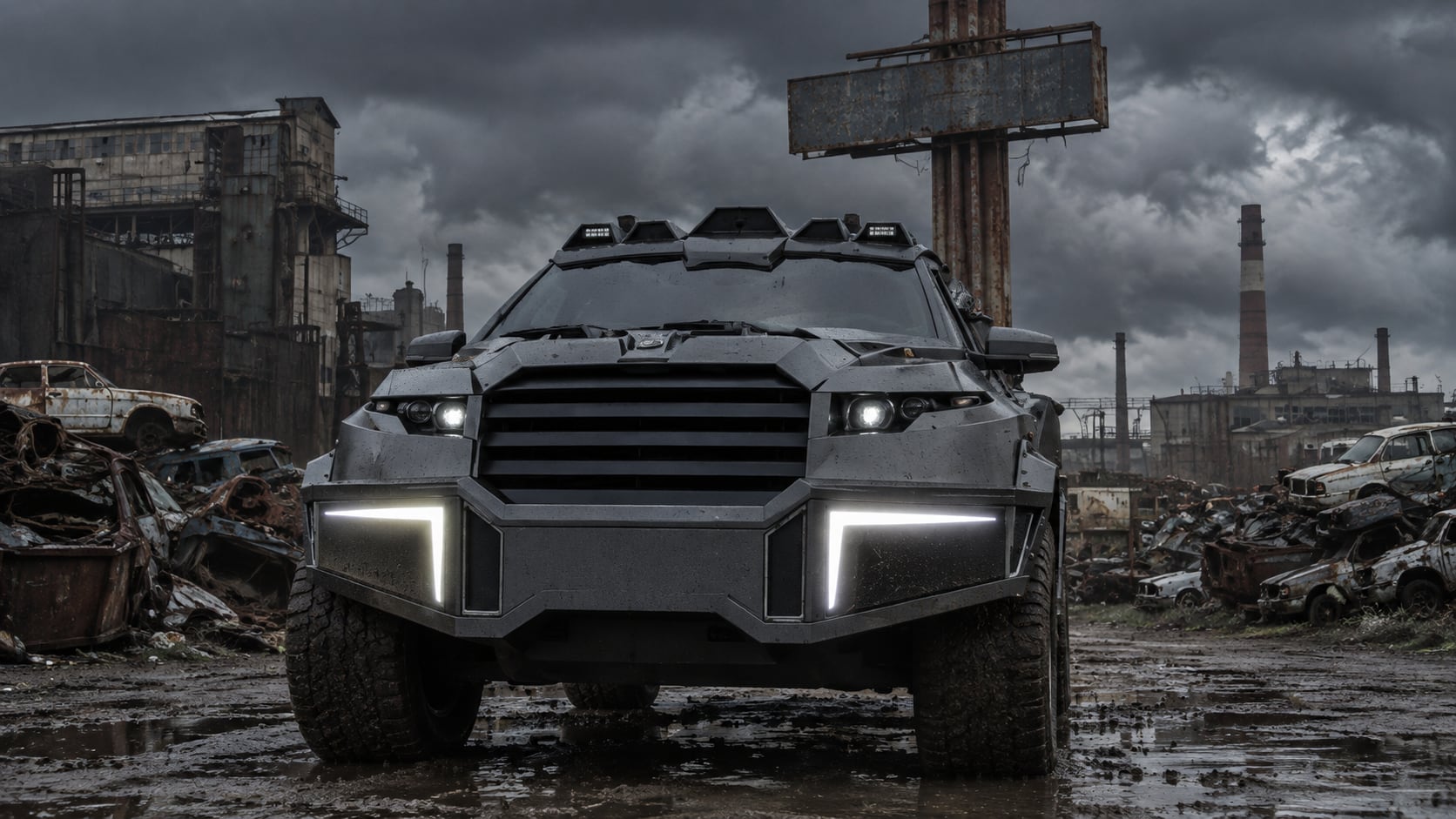 Black Shark head-on in a derelict industrial yard under a storm sky