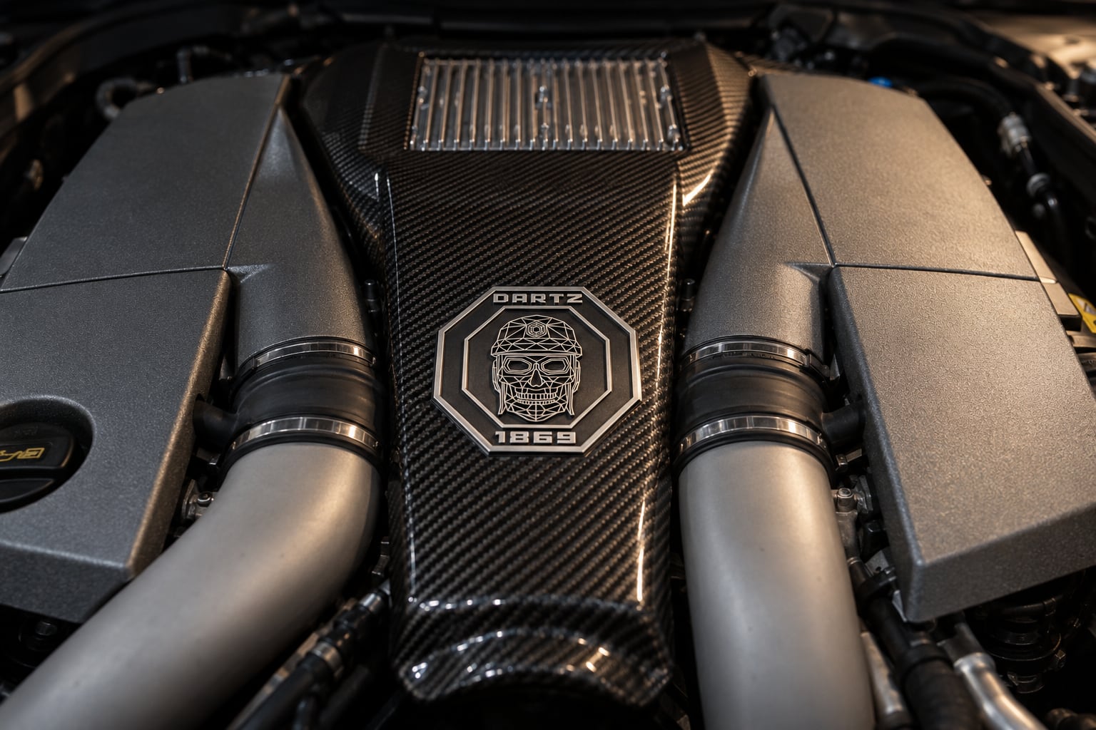 Carbon engine cover of the Black Snake with the DARTZ skull crest cast in metal
