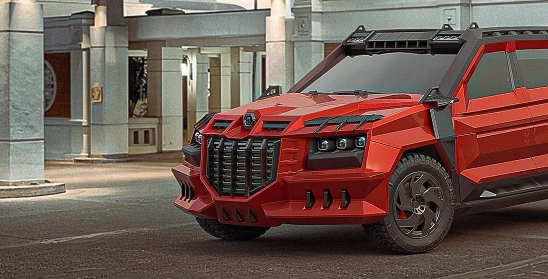 The DARTZ Prombron’ Black Zeppelin MMXXV in red, its vertical-bar grille and triple headlamps in front of a white colonnade
