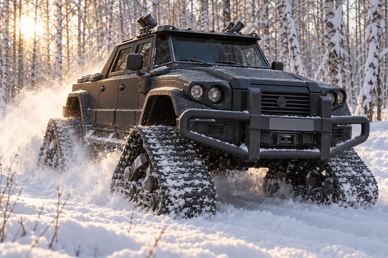 DARTZ Prombron' Kegresse on rubber tracks in a snowy birch forest