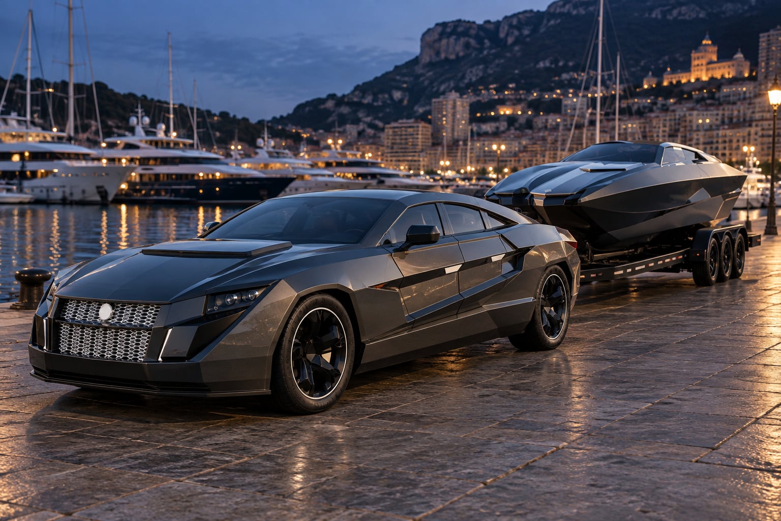 DARTZ Prombron' Nagel armoured sportback with its matching powerboat on a Monaco quay