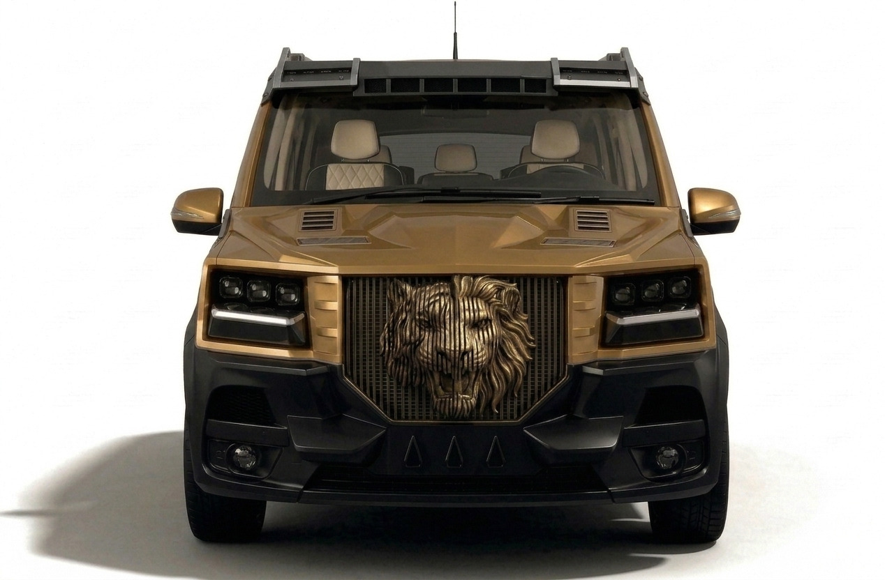 The DARTZ Pullman Shere Khan head-on: a sliced Art Deco grille carrying a sculpted tiger head, between triple LED headlamps