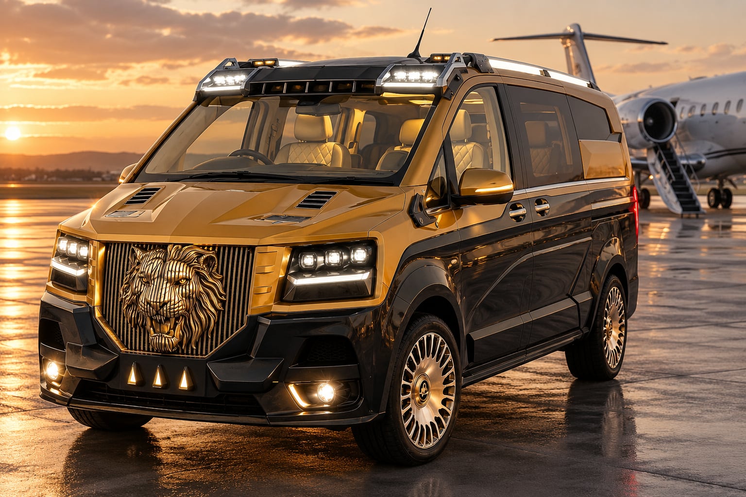 DARTZ Pullman Shere Khan, a two-tone black and gold Mercedes V-Class with a tiger-crest grille, on a private airport apron at dusk