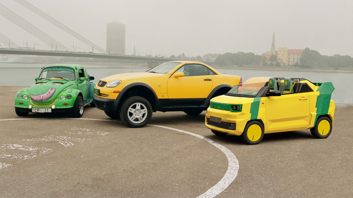 The yellow and green FreZe Froggy EV beside the original green DARTZ VW Froggy on the Riga waterfront